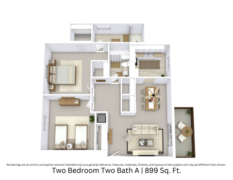 3D floor plan showing an angled perspective of the Two Bedroom Two Bath A layout with furniture placement across 899 Sq. Ft.